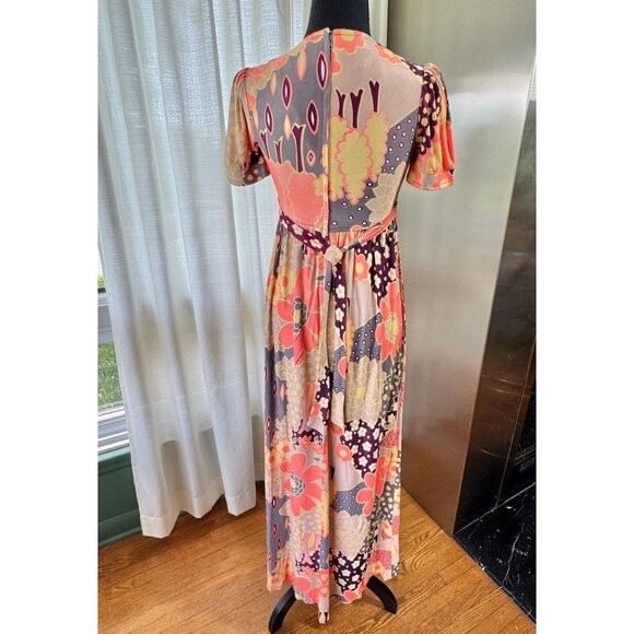 Vintage 70s dress, coral, grey, yellow floral, boho maxi with empire waist - Picture 6 of 10